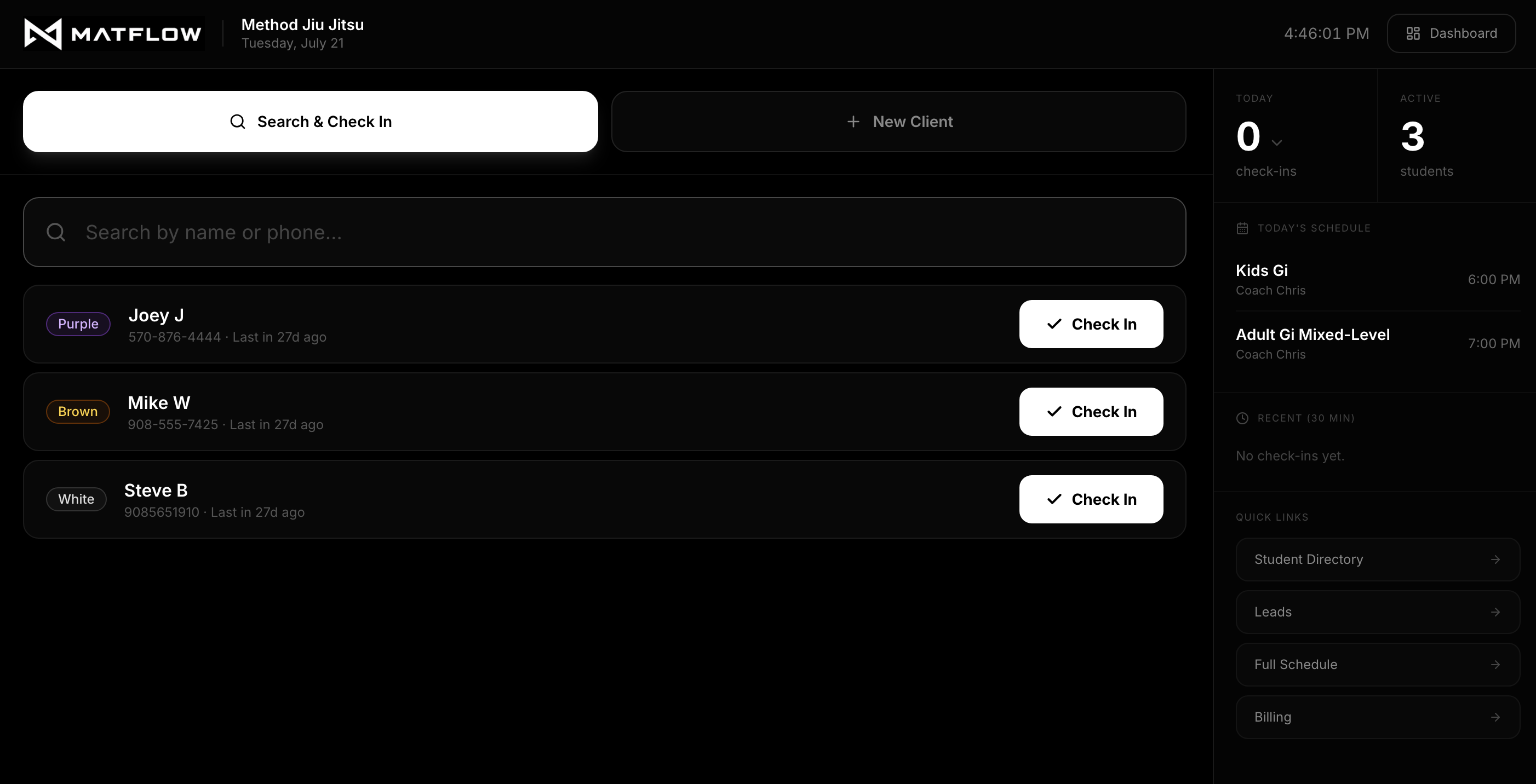 Matflow front desk kiosk — custom software product