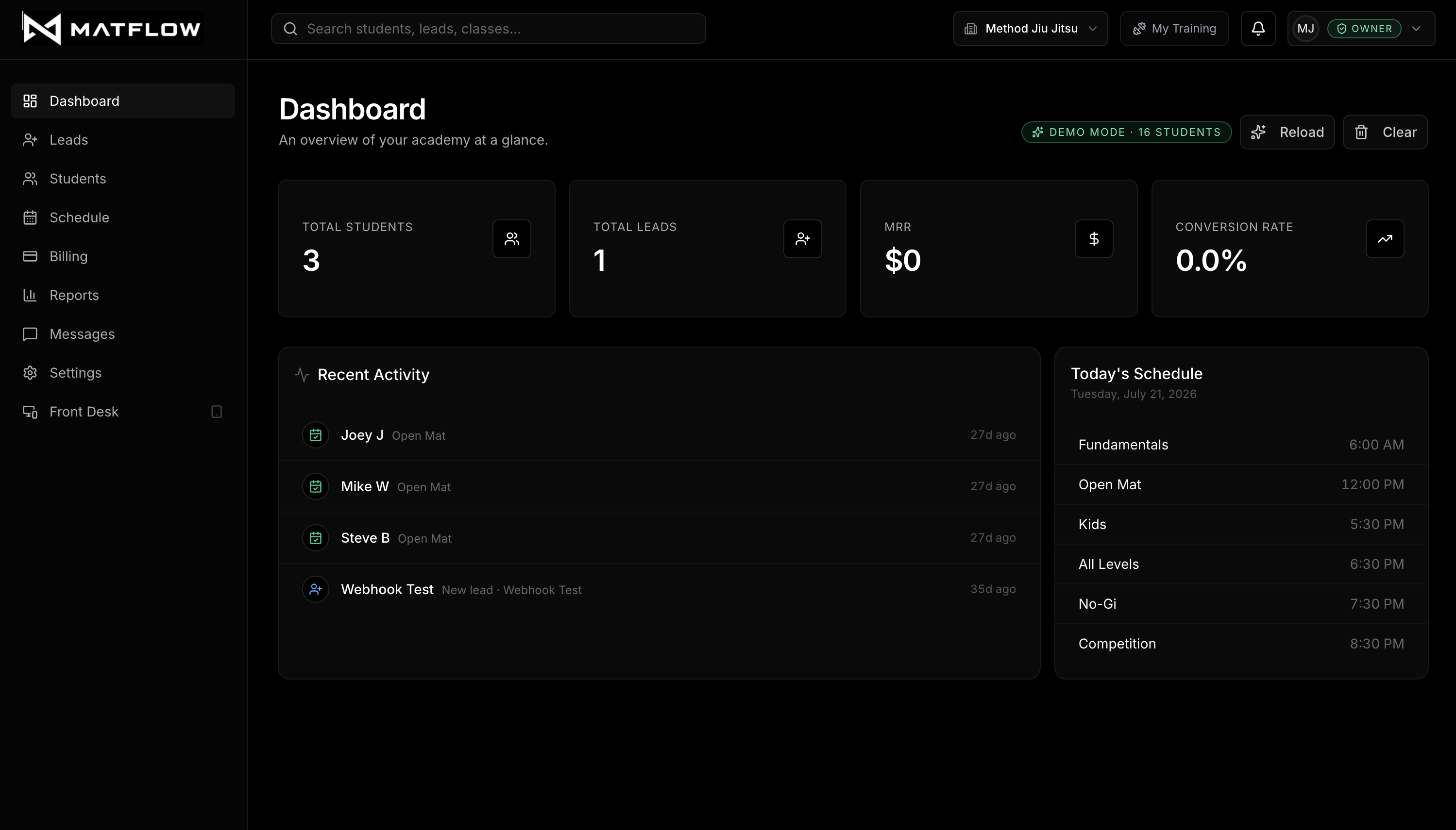 Matflow dashboard — live Jiu-Jitsu gym management platform